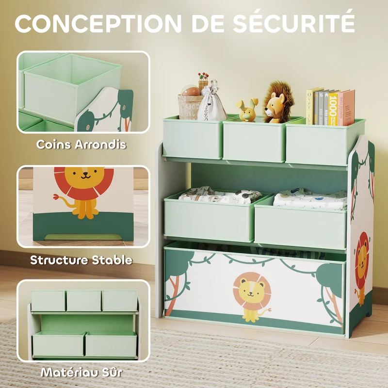 Étagère de rangement enfants 63 x 30 x 66 cm 6 boîtes amovibles gain de place coins arrondis contemporain en MDF vert 21_0000168