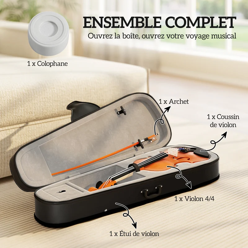 Violon 4/4 60 x 21 x 7 cm idéal pour débutants avec étui léger pour événements familiaux style classique en bois marron 21_0008056