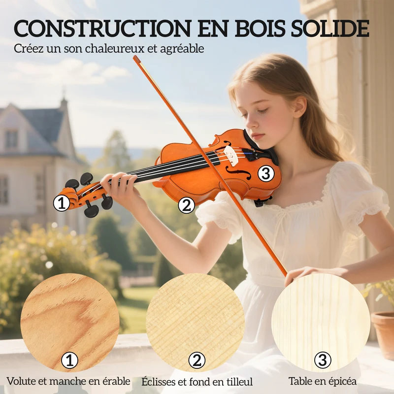 Violon 4/4 60 x 21 x 7 cm idéal pour débutants avec étui léger pour événements familiaux style classique en bois marron 21_0008056