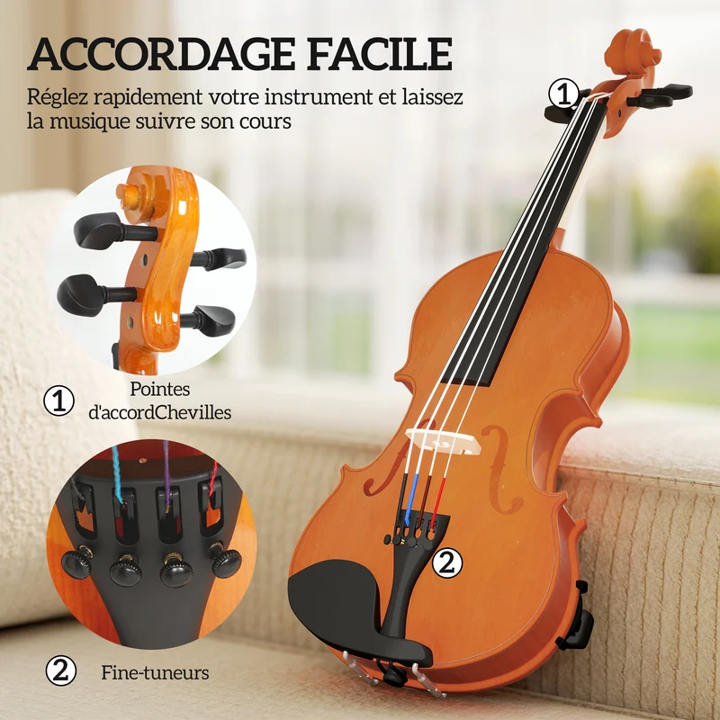 Violon 4/4 60 x 21 x 7 cm idéal pour débutants avec étui léger pour événements familiaux style classique en bois marron 21_0008056