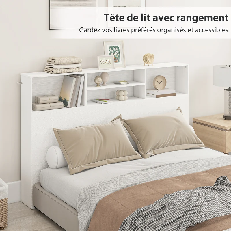 Tête de lit sur pied à 4 compartiments 160 x 20,2 x 108,2 cm gain de place moderne minimaliste pratique en MDF blanc 21_0003758