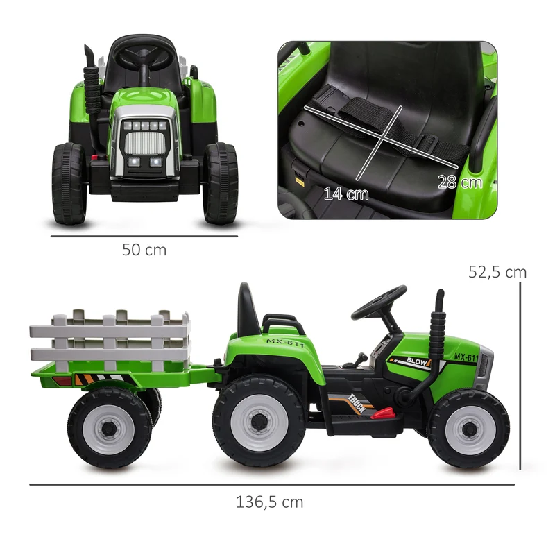 Tracteur électrique enfant remorque amovible 136.5 x 50 x 52.5 cm télécommande musique sécurité scandinave en PP vert 21_0000545