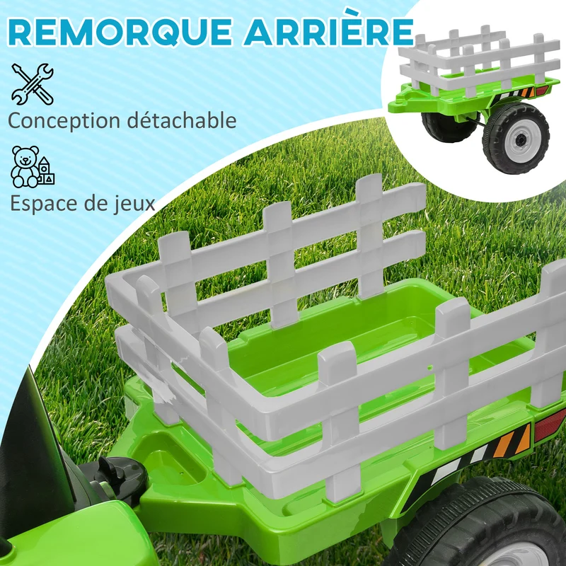 Tracteur électrique enfant remorque amovible 136.5 x 50 x 52.5 cm télécommande musique sécurité scandinave en PP vert 21_0000545