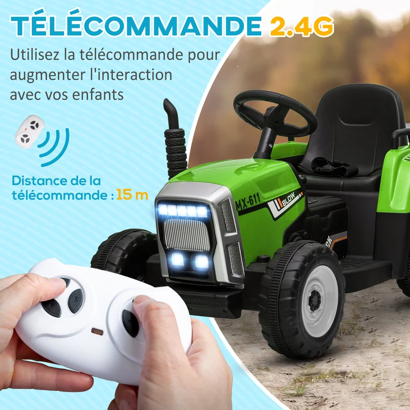 Tracteur électrique enfant remorque amovible 136.5 x 50 x 52.5 cm télécommande musique sécurité scandinave en PP vert 21_0000545