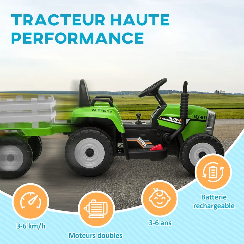 Tracteur électrique enfant remorque amovible 136.5 x 50 x 52.5 cm télécommande musique sécurité scandinave en PP vert 21_0000545