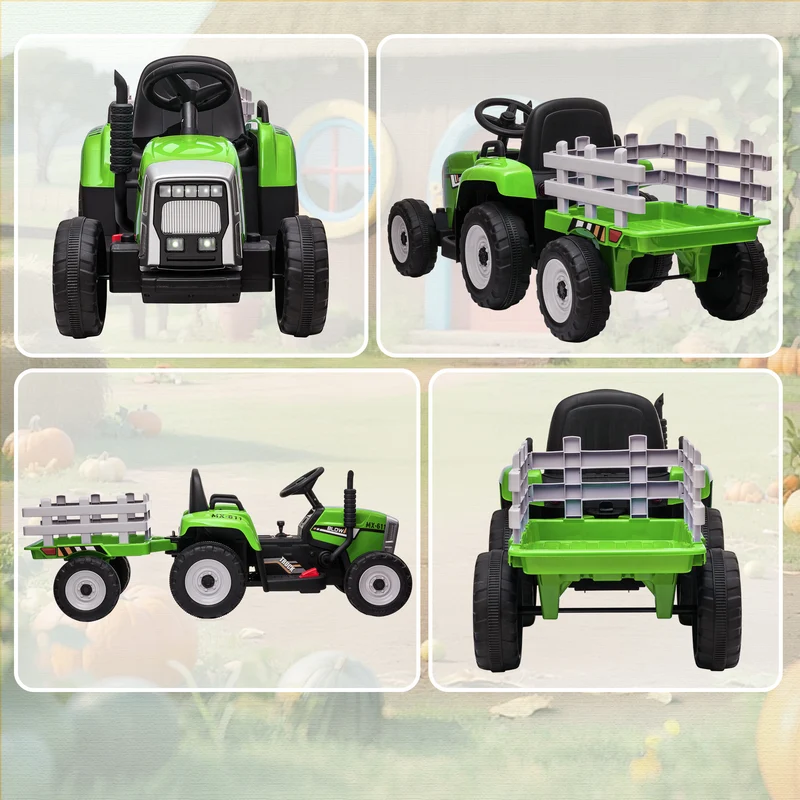 Tracteur électrique enfant remorque amovible 136.5 x 50 x 52.5 cm télécommande musique sécurité scandinave en PP vert 21_0000545