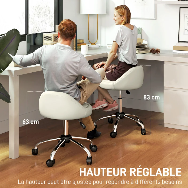 Tabouret de travail 50 x 50 x 63-83 cm hauteur réglable pivotant 360° assise mousse moderne épuré en simili cuir blanc 21_0000782