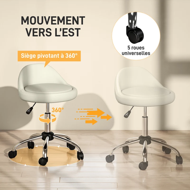 Tabouret de travail 50 x 50 x 63-83 cm hauteur réglable pivotant 360° assise mousse moderne épuré en simili cuir blanc 21_0000782