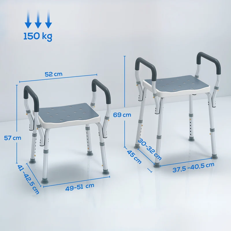 Tabouret de douche avec accoudoirs sans dossier 52 x 45 x 57-69 cm réglable antidérapant contemporain en aluminium bleu 21_0000853