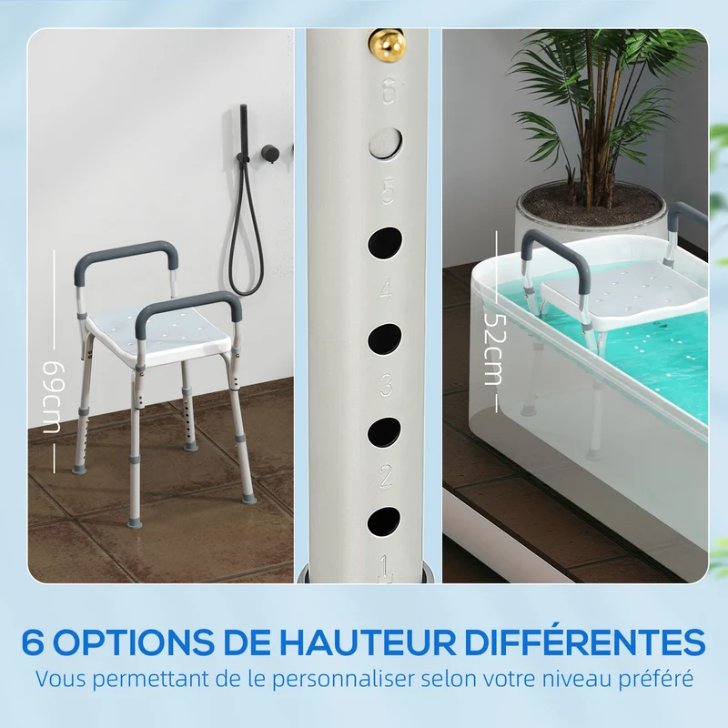 Tabouret de douche avec accoudoirs sans dossier 52 x 45 x 57-69 cm réglable antidérapant contemporain en aluminium bleu 21_0000853
