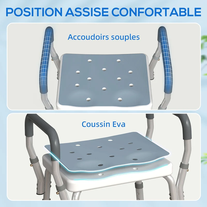 Tabouret de douche avec accoudoirs sans dossier 52 x 45 x 57-69 cm réglable antidérapant contemporain en aluminium bleu 21_0000853