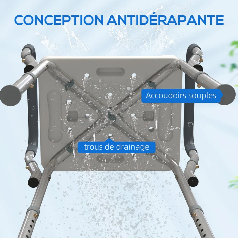 Tabouret de douche avec accoudoirs sans dossier 52 x 45 x 57-69 cm réglable antidérapant contemporain en aluminium bleu 21_0000853
