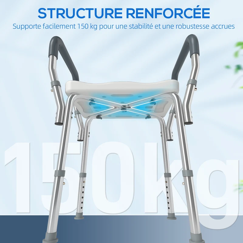 Tabouret de douche avec accoudoirs sans dossier 52 x 45 x 57-69 cm réglable antidérapant contemporain en aluminium bleu 21_0000853