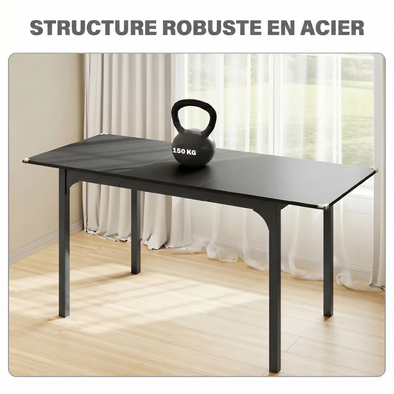 Table à manger extensible rectangulaire 120-160 x 70 x 75 cm gain de place rangement intégré moderne épuré en MDF noir 21_0003286