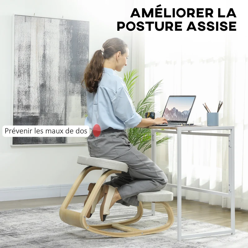 Siège assis genoux basculant bureau 50 x 73 x 55 cm améliore posture soulage lombaires scandinave épuré en bois crème 21_0006279