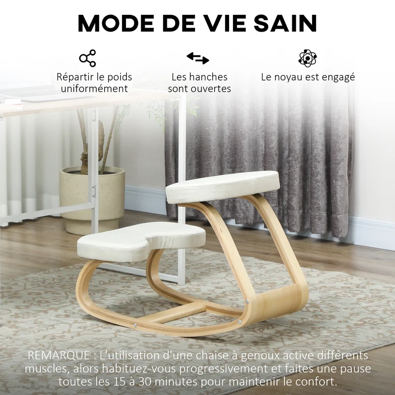 Siège assis genoux basculant bureau 50 x 73 x 55 cm améliore posture soulage lombaires scandinave épuré en bois crème 21_0006279