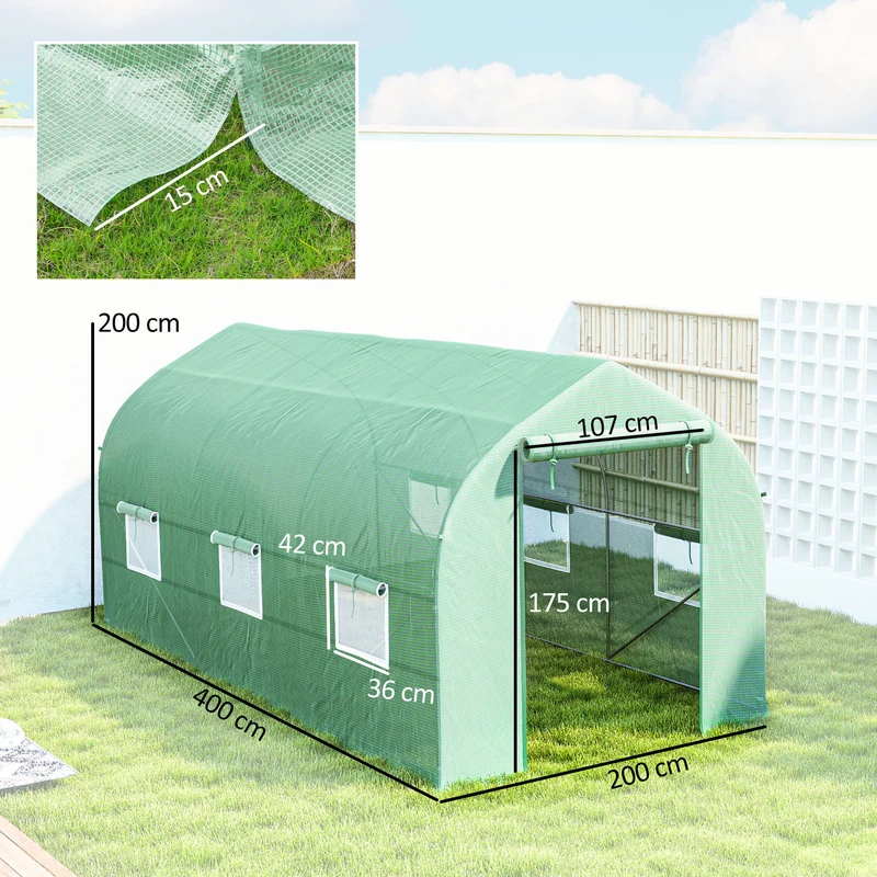 Serre tunnel de jardin 400 x 200 x 200 cm porte zippée 6 fenêtres ventilation réglable moderne en polyéthylène vert 21_0004202