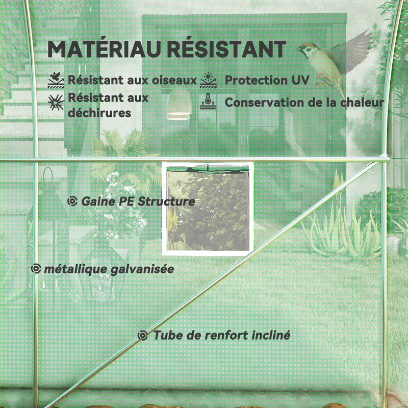 Serre tunnel de jardin 400 x 200 x 200 cm porte zippée 6 fenêtres ventilation réglable moderne en polyéthylène vert 21_0004202