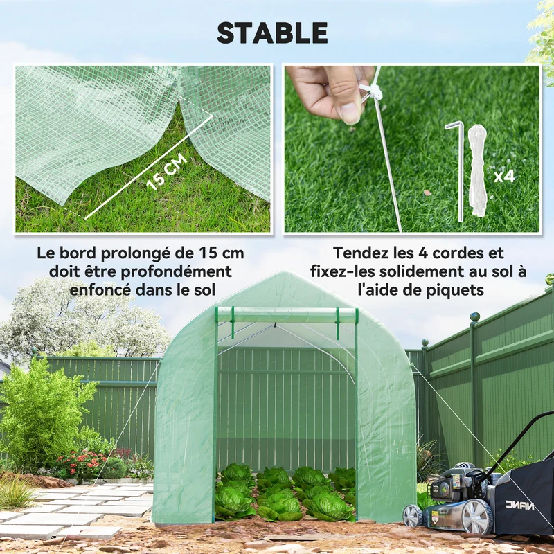 Serre tunnel de jardin 400 x 200 x 200 cm porte zippée 6 fenêtres ventilation réglable moderne en polyéthylène vert 21_0004202
