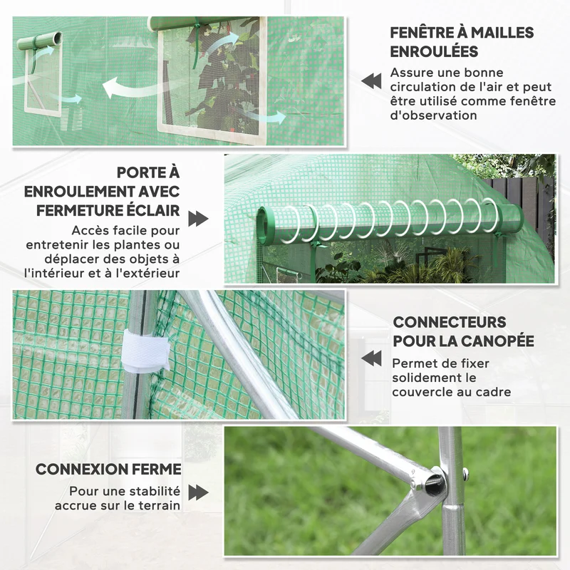 Serre tunnel de jardin 400 x 200 x 200 cm porte zippée 6 fenêtres ventilation réglable moderne en polyéthylène vert 21_0004202
