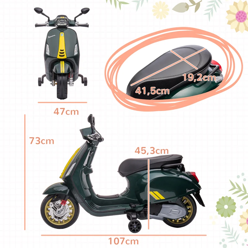 Scooter électrique enfant 2 roues d'entraînement 107 x 47 x 73 cm musique et port usb stabilité design en PP vert foncé 21_0000571