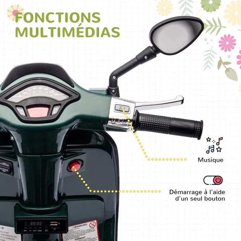Scooter électrique enfant 2 roues d'entraînement 107 x 47 x 73 cm musique et port usb stabilité design en PP vert foncé 21_0000571