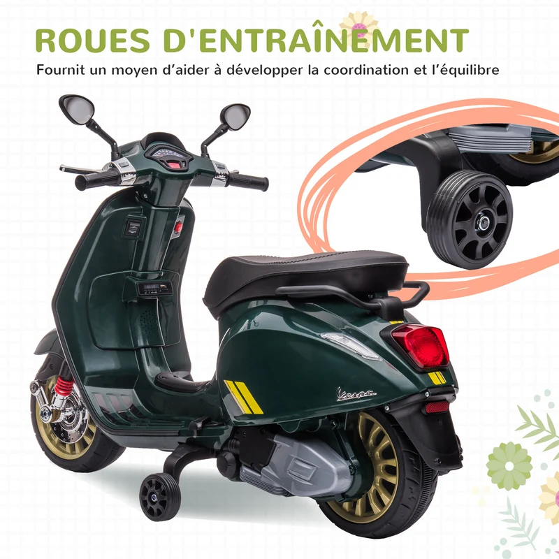 Scooter électrique enfant 2 roues d'entraînement 107 x 47 x 73 cm musique et port usb stabilité design en PP vert foncé 21_0000571