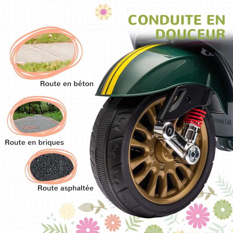 Scooter électrique enfant 2 roues d'entraînement 107 x 47 x 73 cm musique et port usb stabilité design en PP vert foncé 21_0000571