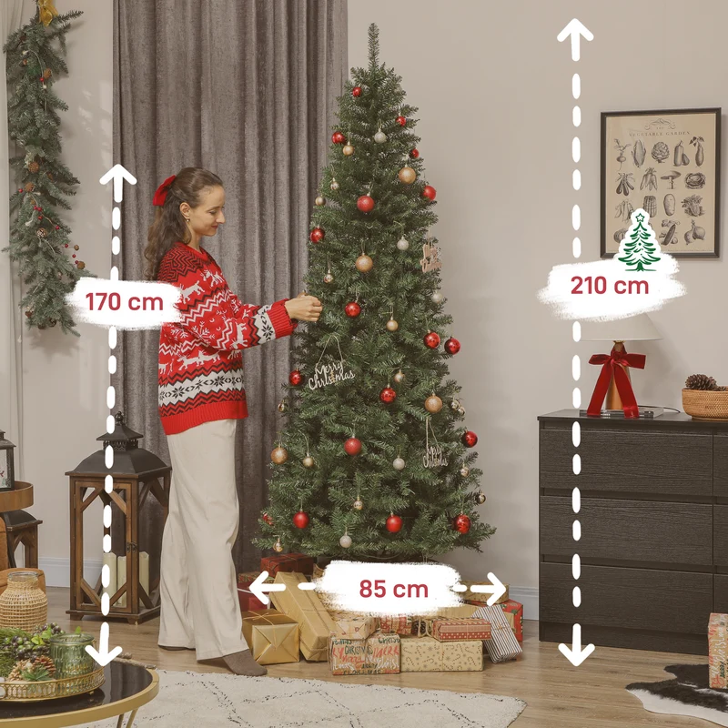 Sapin de noël étroit éclairé 85 x 85 x 210 cm montage rapide 350 lumières pointes denses style moderne en plastique vert 21_0003693