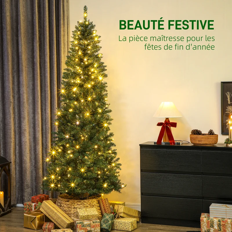 Sapin de noël étroit éclairé 85 x 85 x 210 cm montage rapide 350 lumières pointes denses style moderne en plastique vert 21_0003693