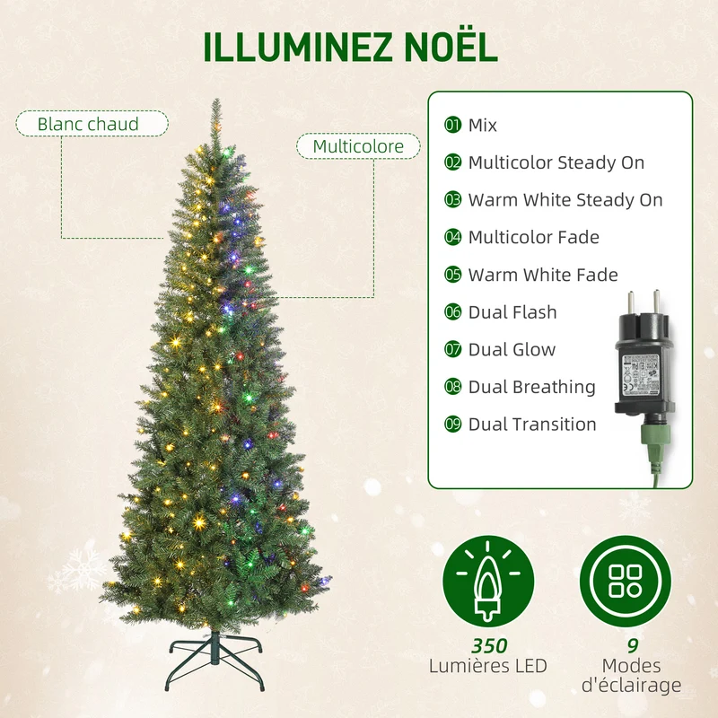 Sapin de noël étroit éclairé 85 x 85 x 210 cm montage rapide 350 lumières pointes denses style moderne en plastique vert 21_0003693