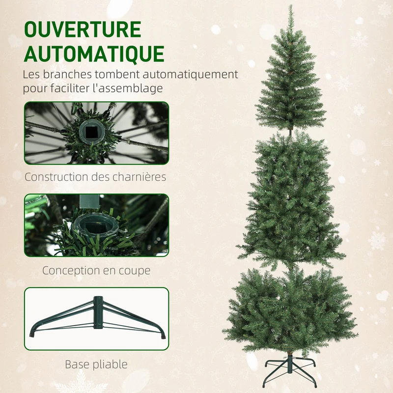 Sapin de noël étroit éclairé 85 x 85 x 210 cm montage rapide 350 lumières pointes denses style moderne en plastique vert 21_0003693