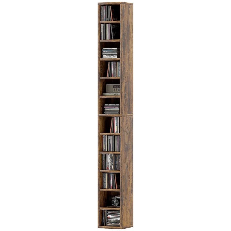 Rangement colonne pour cd dvd 21 x 20 x 175 cm capacité 204 anti basculement épuré scandinave en MDF brun rustique 21_0001696