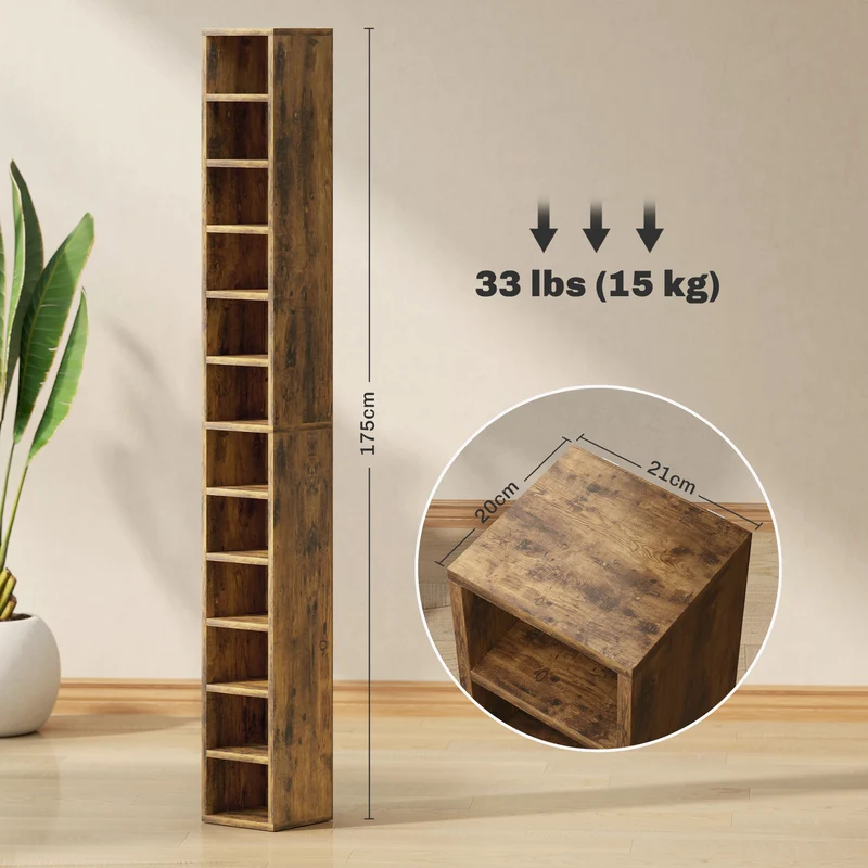 Rangement colonne pour cd dvd 21 x 20 x 175 cm capacité 204 anti basculement épuré scandinave en MDF brun rustique 21_0001696