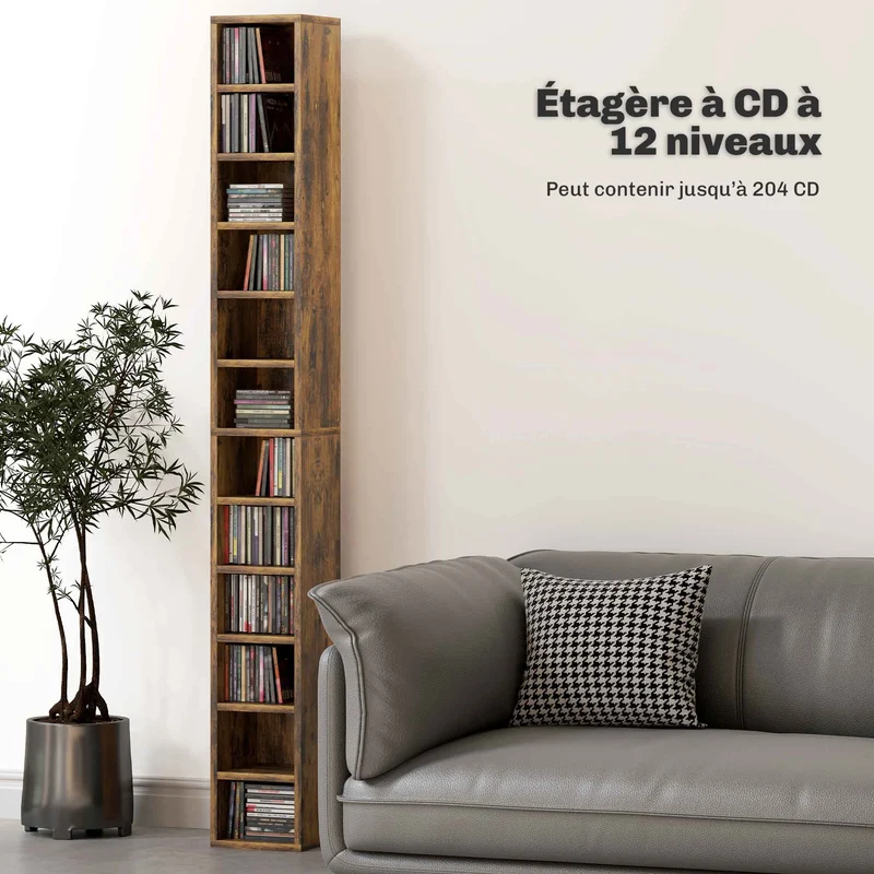 Rangement colonne pour cd dvd 21 x 20 x 175 cm capacité 204 anti basculement épuré scandinave en MDF brun rustique 21_0001696