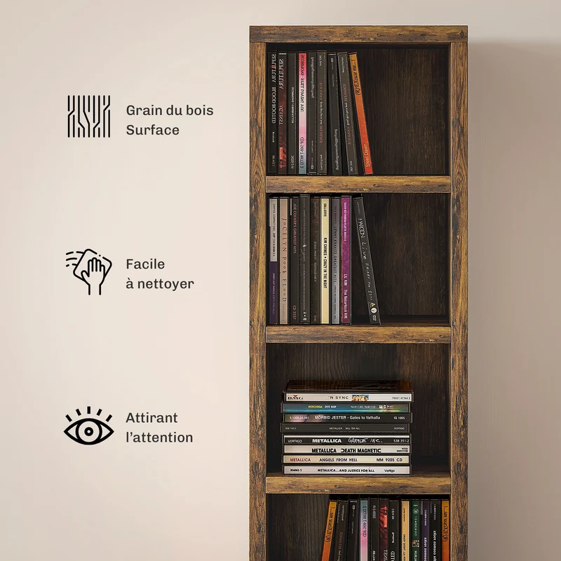 Rangement colonne pour cd dvd 21 x 20 x 175 cm capacité 204 anti basculement épuré scandinave en MDF brun rustique 21_0001696