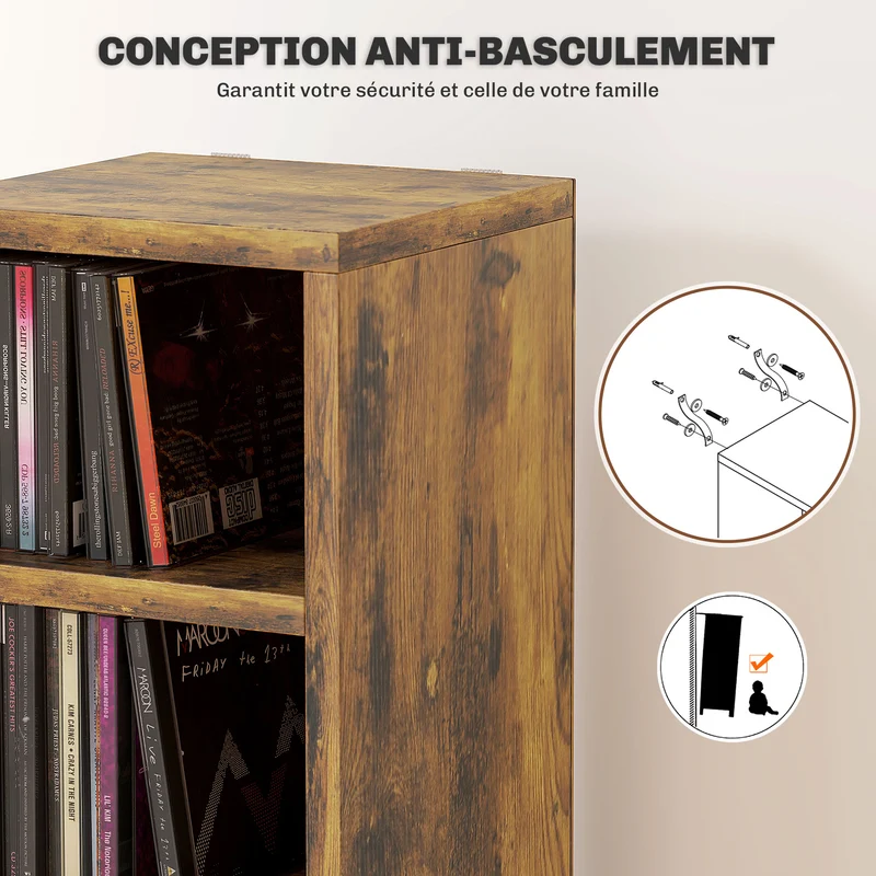 Rangement colonne pour cd dvd 21 x 20 x 175 cm capacité 204 anti basculement épuré scandinave en MDF brun rustique 21_0001696