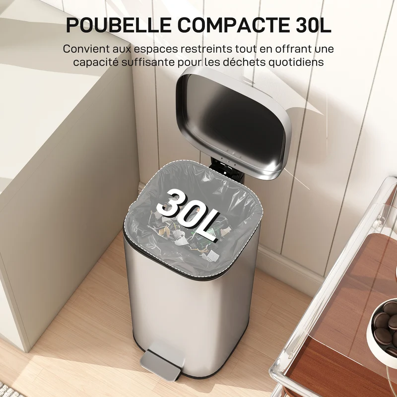 Poubelle de cuisine à pédale 29 x 36 x 59.5 cm seau amovible couvercle à fermeture douce moderne épuré en métal argent 21_0005939