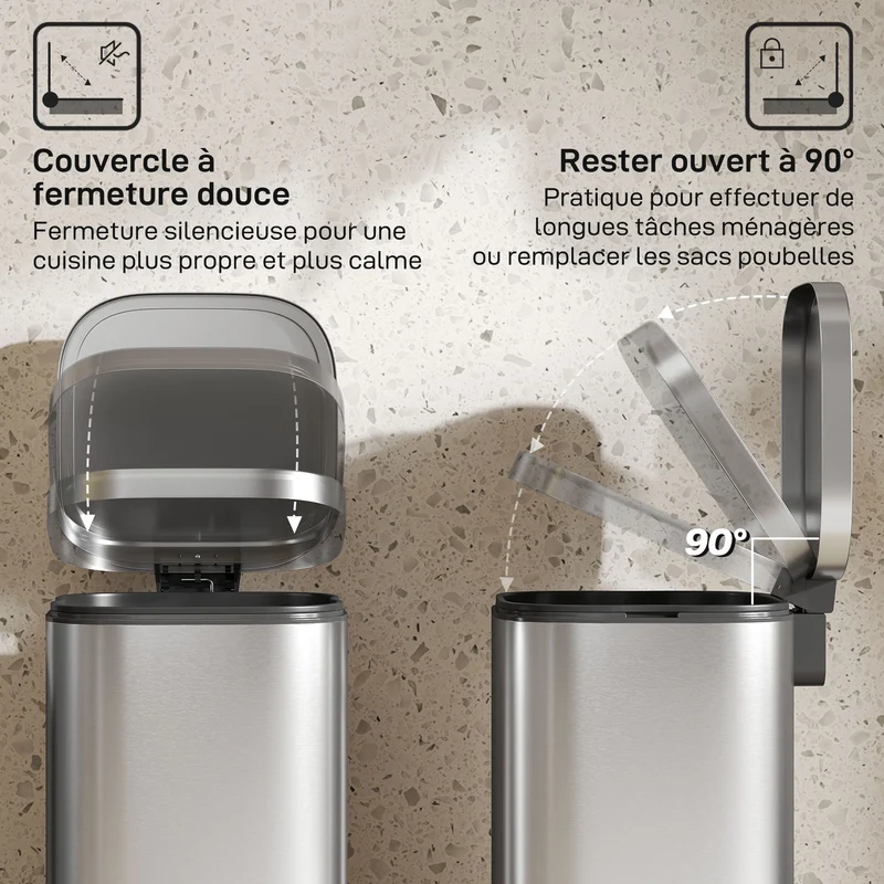 Poubelle de cuisine à pédale 29 x 36 x 59.5 cm seau amovible couvercle à fermeture douce moderne épuré en métal argent 21_0005939