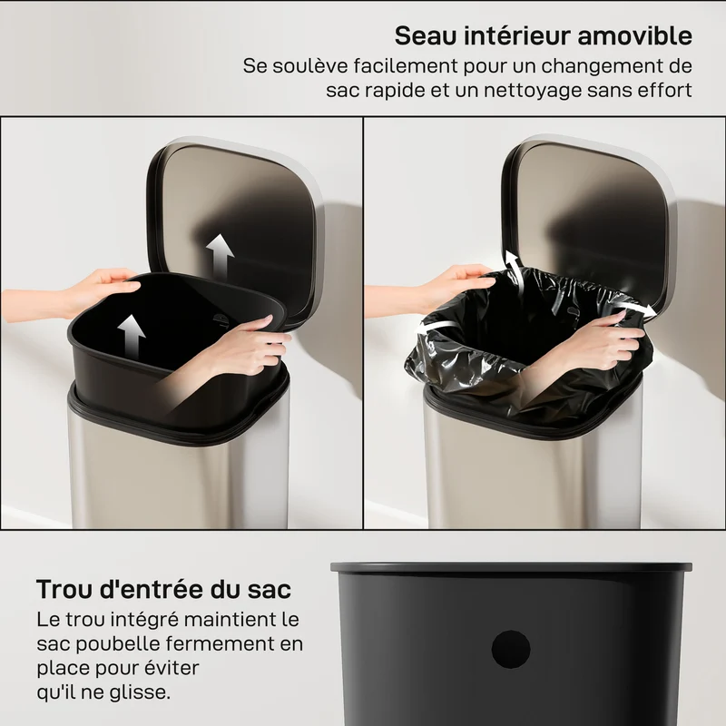 Poubelle de cuisine à pédale 29 x 36 x 59.5 cm seau amovible couvercle à fermeture douce moderne épuré en métal argent 21_0005939