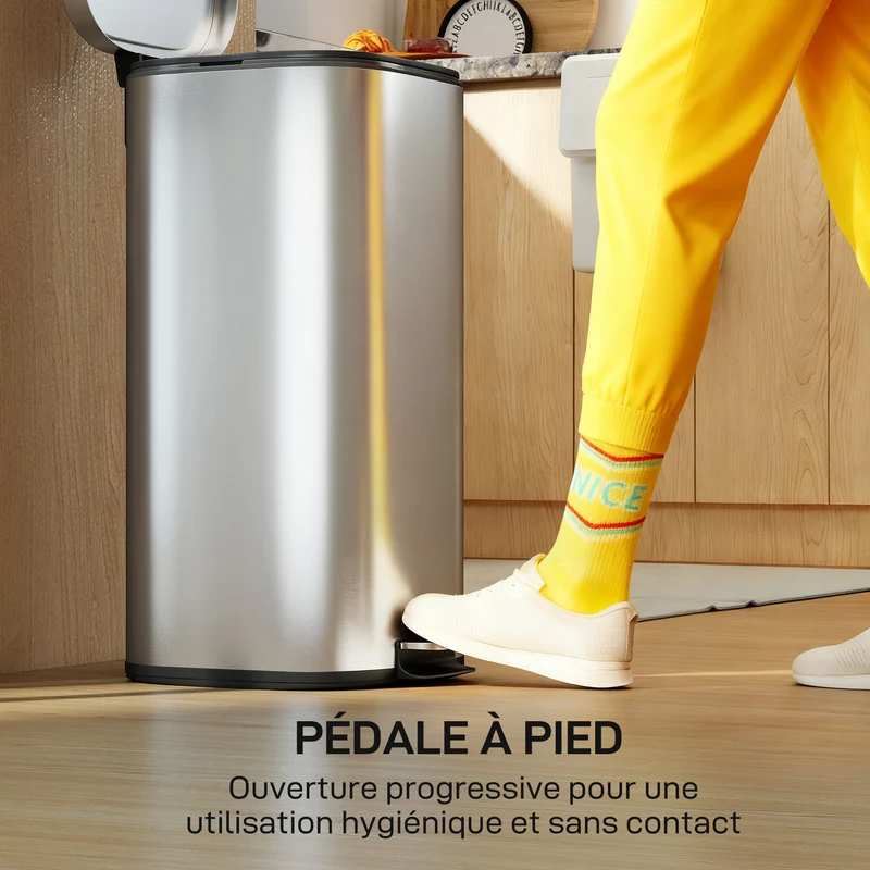 Poubelle de cuisine à pédale 29 x 36 x 59.5 cm seau amovible couvercle à fermeture douce moderne épuré en métal argent 21_0005939