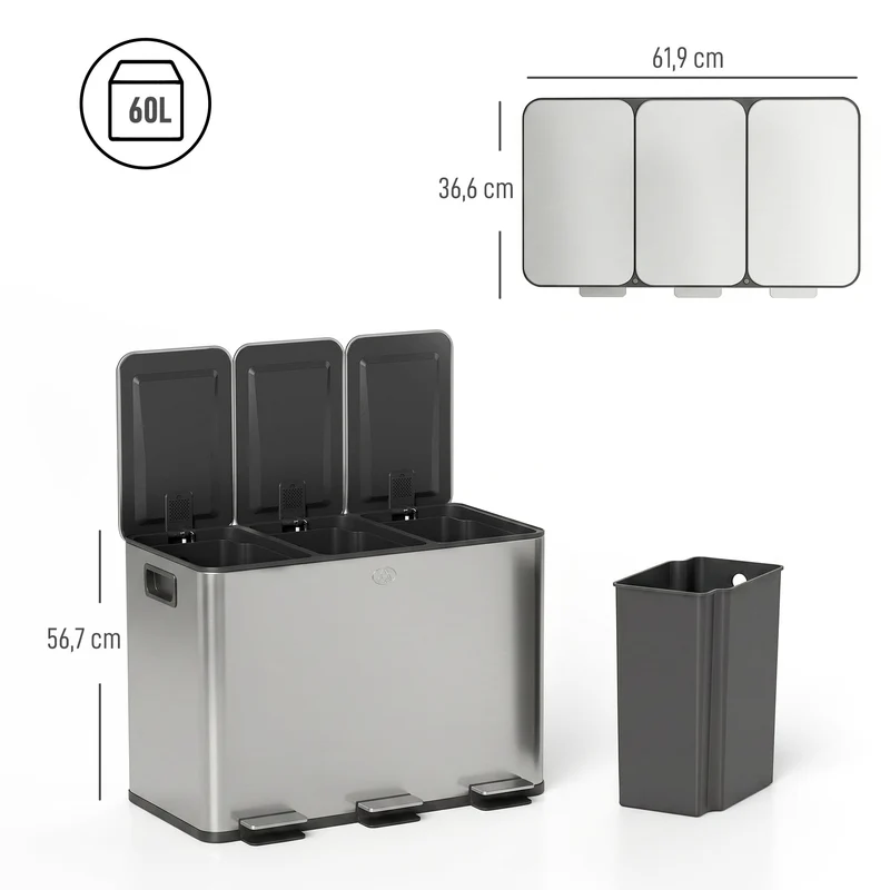 Poubelle de cuisine tri 61,9 x 36,6 x 56,7 cm seaux amovibles couvercles silencieux moderne en acier inoxydable argent 21_0005911