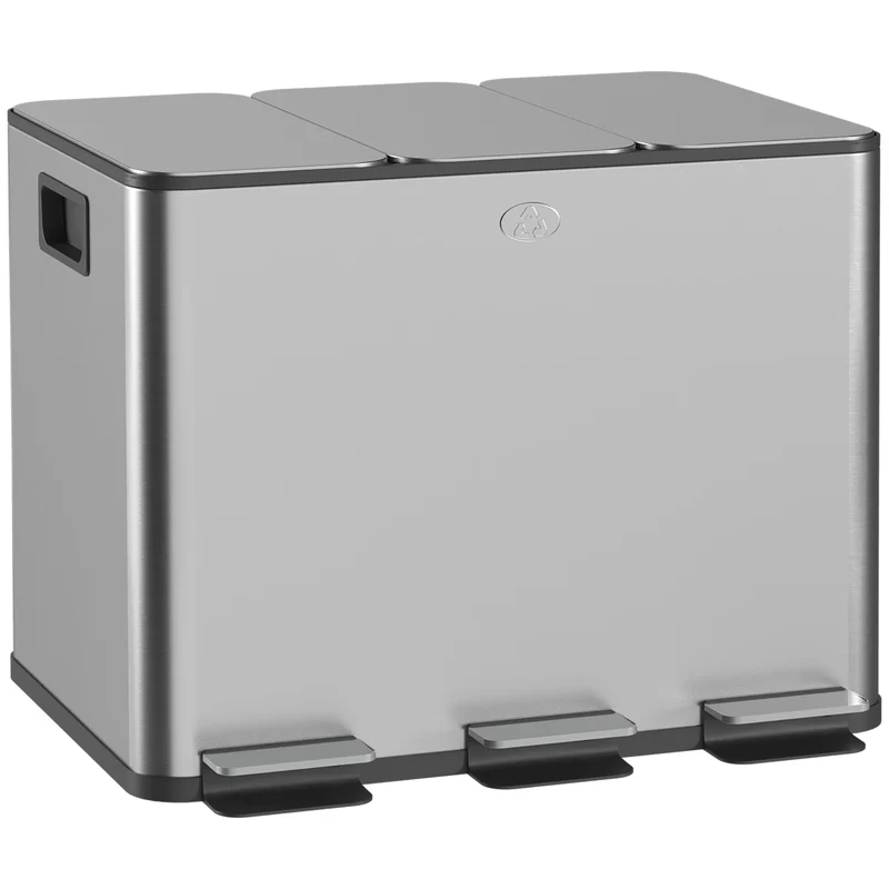 Poubelle de cuisine tri 61,9 x 36,6 x 56,7 cm seaux amovibles couvercles silencieux moderne en acier inoxydable argent 21_0005911
