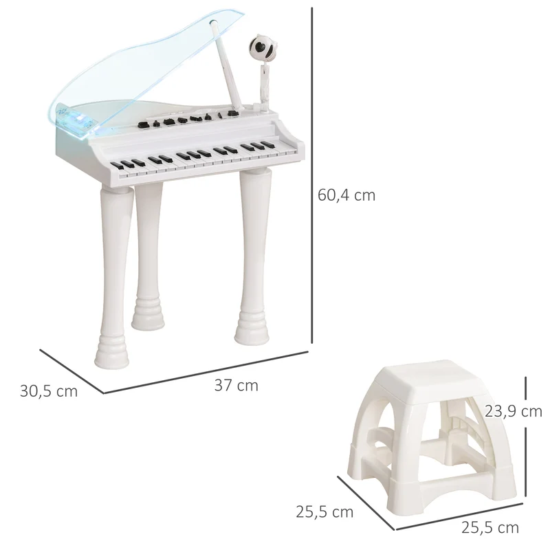 Piano enfant électronique à queue 37 x 30.5 x 60.4 cm micro enregistrement ludique design scandinave en plastique blanc 21_0000695