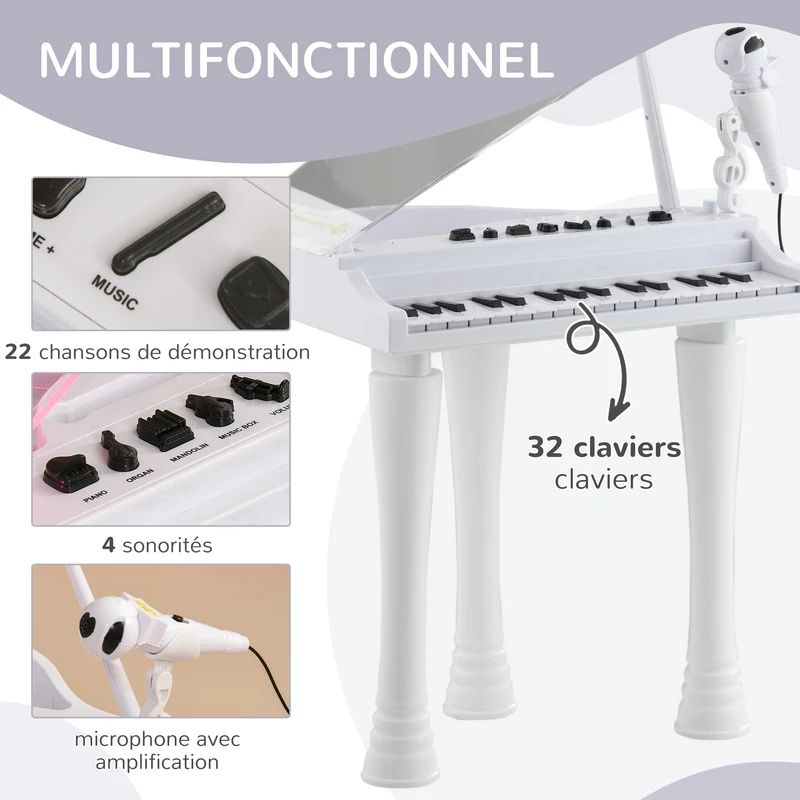 Piano enfant électronique à queue 37 x 30.5 x 60.4 cm micro enregistrement ludique design scandinave en plastique blanc 21_0000695