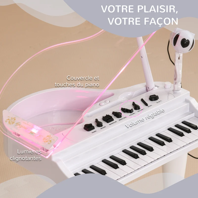 Piano enfant électronique à queue 37 x 30.5 x 60.4 cm micro enregistrement ludique design scandinave en plastique blanc 21_0000695