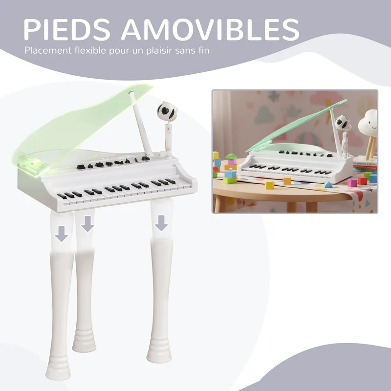 Piano enfant électronique à queue 37 x 30.5 x 60.4 cm micro enregistrement ludique design scandinave en plastique blanc 21_0000695