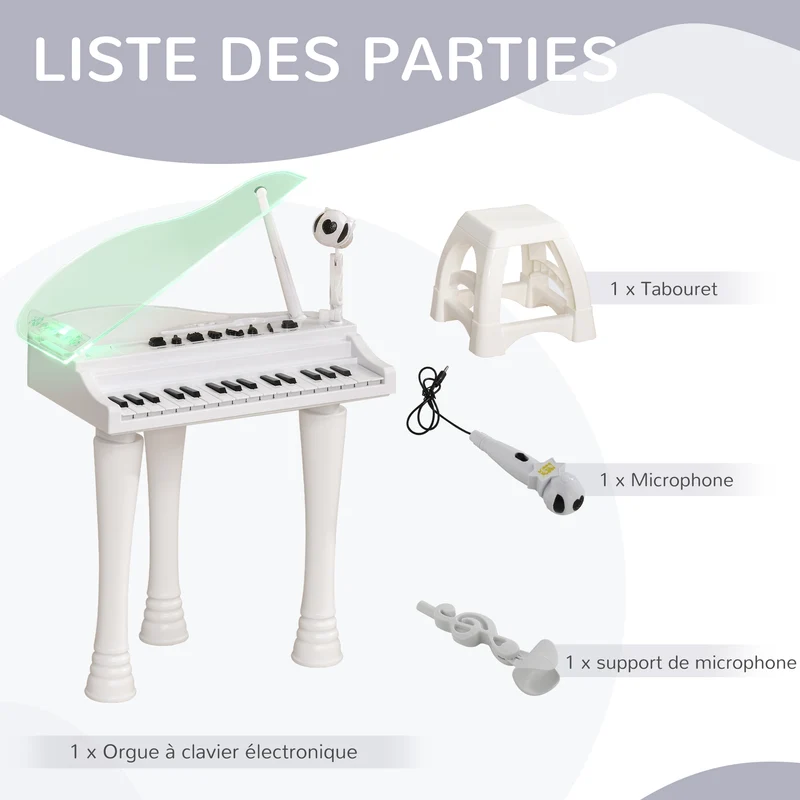 Piano enfant électronique à queue 37 x 30.5 x 60.4 cm micro enregistrement ludique design scandinave en plastique blanc 21_0000695