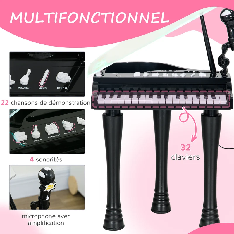Piano enfant électronique 32 touches 38,8 x 30,5 x 42,9 cm micro enregistrement ludique stable moderne en plastique noir 21_0000694