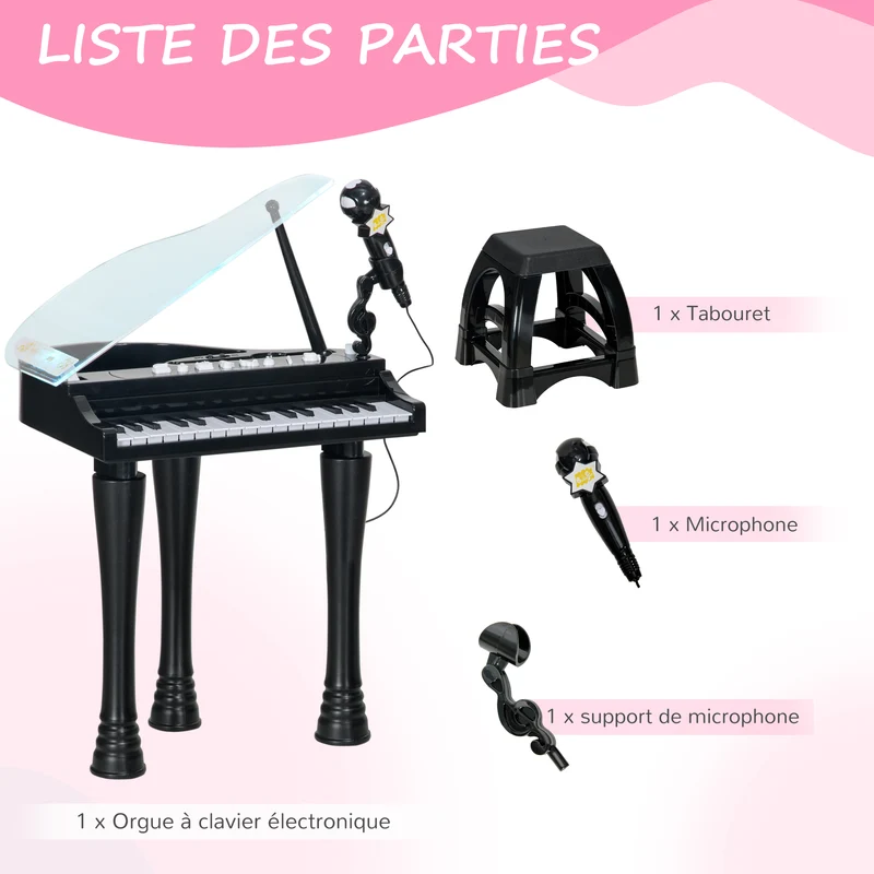 Piano enfant électronique 32 touches 38,8 x 30,5 x 42,9 cm micro enregistrement ludique stable moderne en plastique noir 21_0000694
